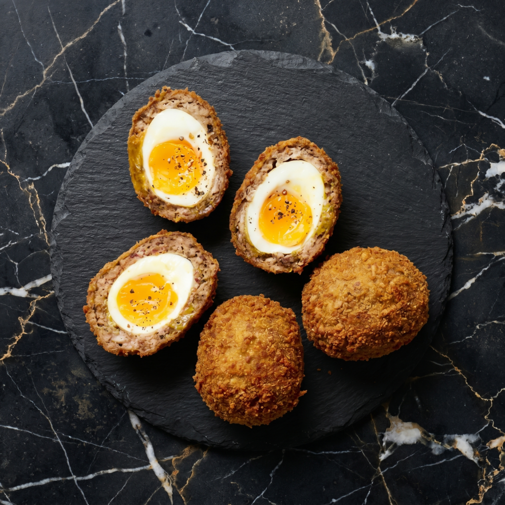 Scotch Eggs (Soft Jammy Yolk, Crispy Sausage Shell)